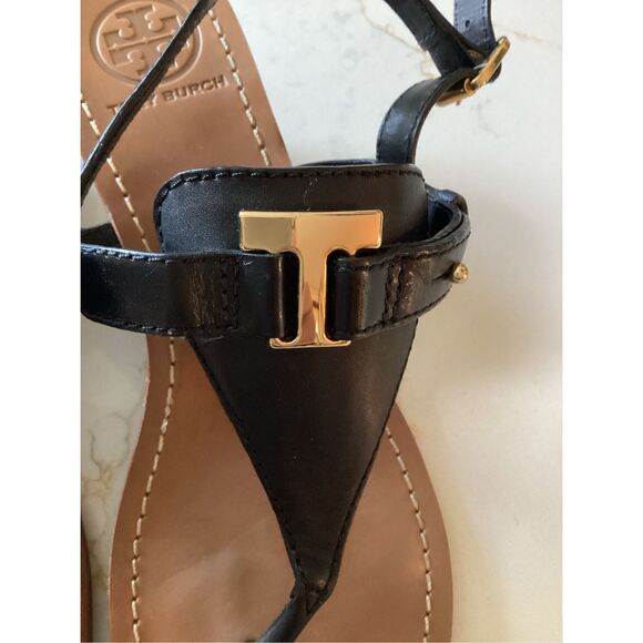 Tory Burch Black Leather Thong Sandal Sz 7.5 Wedge Heel - Picture 3 of 8